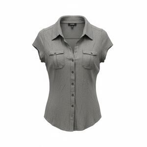 Express Gray Button Front Blouse Medium Short Sleeve Collared Shirt Pockets
